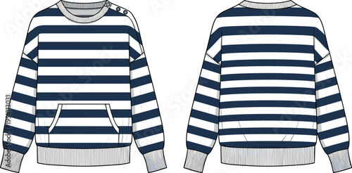 Navy Blue and White Striped Oversized Sweatshirt Vector with Shoulder Buttons Kangaroo Pocket and Ribbed Trim Technical Fashion Flat Sketch