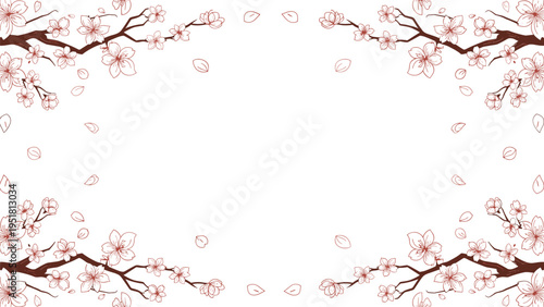 Beautiful decorative frame border composed of elegant cherry blossom branches and softly falling petals, creating a serene and romantic spring backdrop.