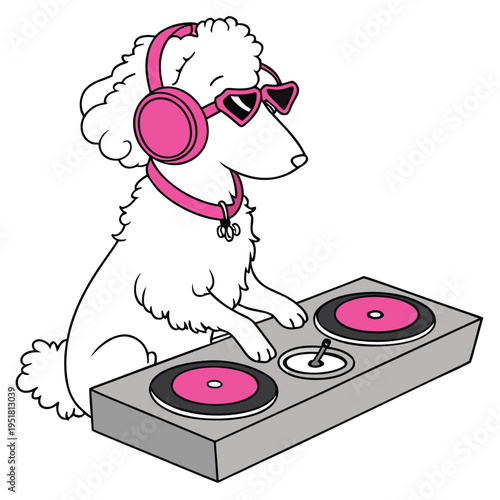 Cute poodle dj playing music with headphones and sunglasses