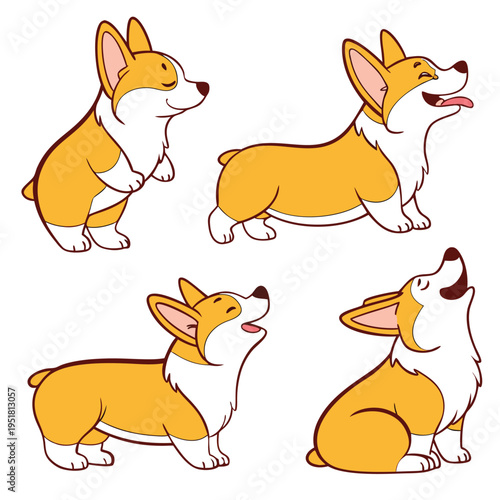 Set of cute cartoon corgi dogs in different poses, happy puppy characters, vector illustration