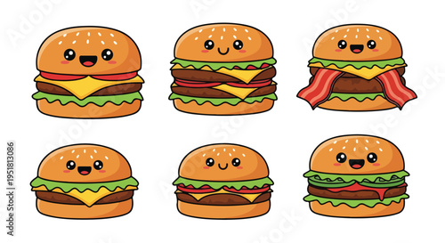 Cartoon-style illustration of six cheerful hamburgers with smiling faces arranged in two rows against a clean white background.