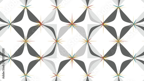 Abstract geometric seamless pattern featuring a repetitive design of stylized star shapes in grey, white, and subtle touches of color accents.
