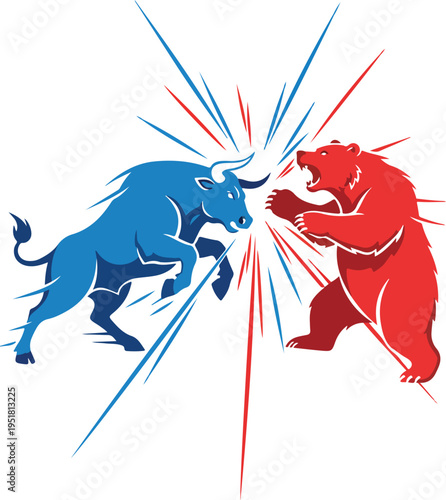 A dynamic clash between a blue bull and a red bear illustration