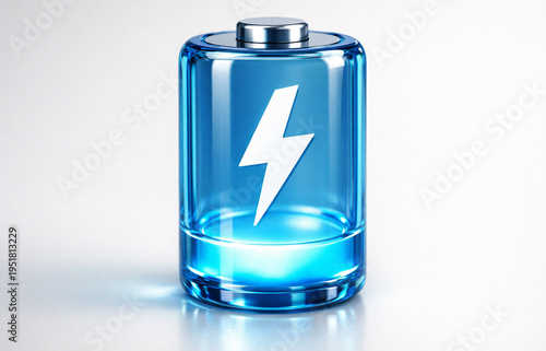 A sleek blue battery icon shines with a bold white lightning bolt at its center, symbolizing energy, power, and modern technology. The semi-transparent design with metallic accents conveys innovation,