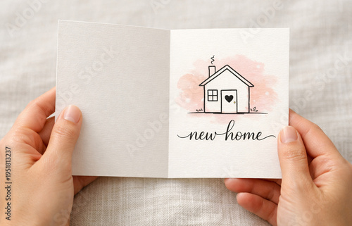 A heartfelt greeting card opens with a pink watercolor background and an illustration of a house featuring a heart on the door. Elegant cursive text reads “new home,” symbolizing warmth, love, 