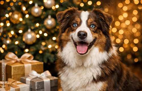 A joyful Australian Shepherd sits before a glowing Christmas tree adorned with silver ornaments and warm lights. Wrapped presents with golden ribbons surround the scene, creating a festive atmosphere.