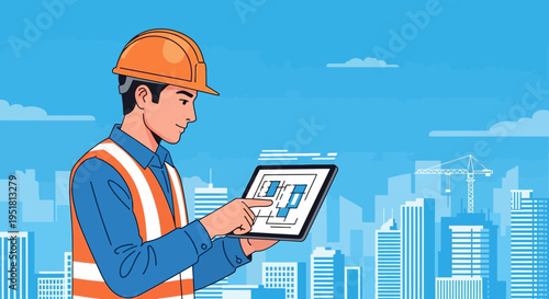 A construction worker reviewing blueprints on a digital tablet against a city skyline a striking silhouette high quality professional detailed modern