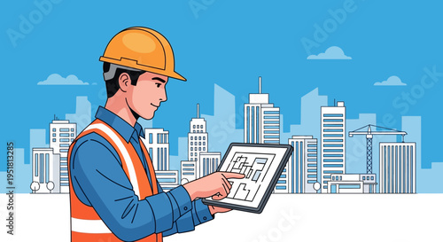 A construction worker studies blueprints against a modern city skyline presented as a striking silhouette high quality professional detailed elegant stylish