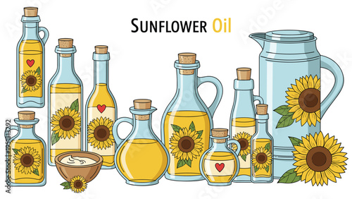Extensive collection of various bottles, jars, and a pitcher filled with golden sunflower oil, accompanied by vibrant sunflowers, on a white background.
