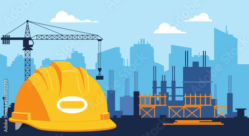 A bright yellow construction helmet sits before a city skyline and building construction rendered as a silhouette high quality professional detailed