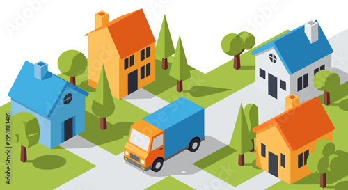 A colorful isometric illustration of houses trees and a delivery truck driving through a suburban neighborhood silhouette high quality professional detailed