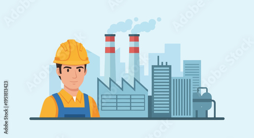 A construction worker stands before a factory landscape with smokestacks representing industrial labor silhouette high quality professional detailed modern elegant