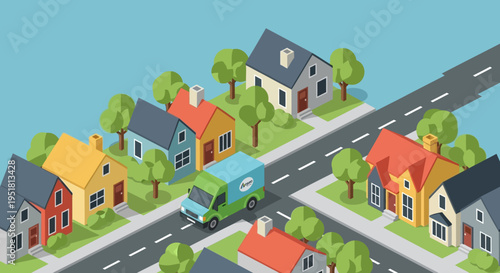 An isometric illustration depicts a colorful suburban neighborhood with a delivery van showcasing a distinct silhouette high quality professional detailed modern