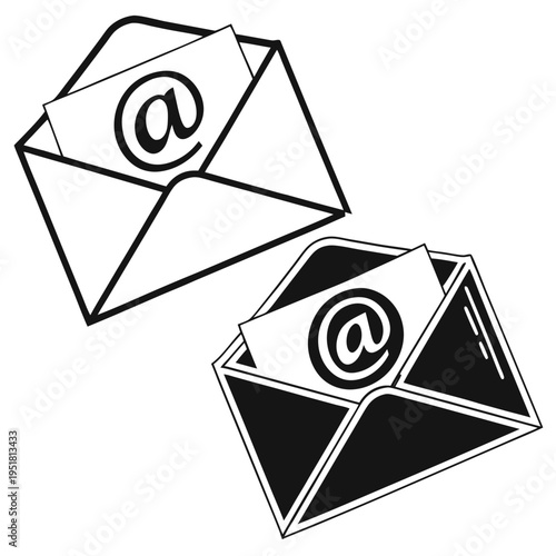 Set of email envelopes with at symbol icon, black and white line art and solid style