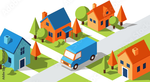 A vibrant colorful illustration depicts a stylized townscape with geometric buildings and a vehicle silhouette high quality professional detailed modern elegant