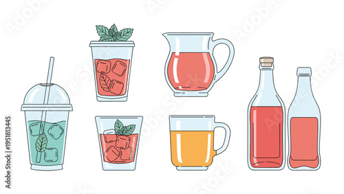 Refreshing collection of various beverages, including iced tea in different glasses, juice in a pitcher and bottles, and a warm drink in a mug.