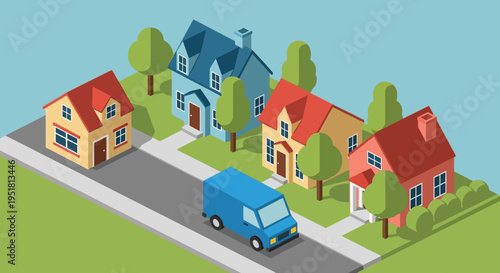 A colorful isometric illustration depicts a quaint neighborhood scene with houses a van and trees silhouette high quality professional detailed
