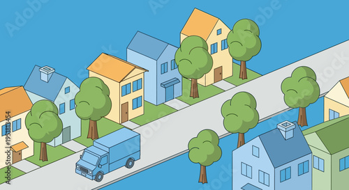 A colorful isometric illustration depicts a quiet suburban street with houses trees and a van silhouette high quality professional detailed modern