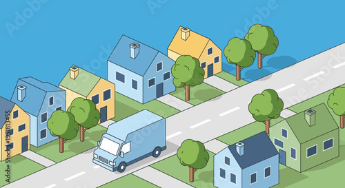 A colorful isometric illustration depicts a suburban street with houses trees and a van featuring a distinct silhouette high quality professional