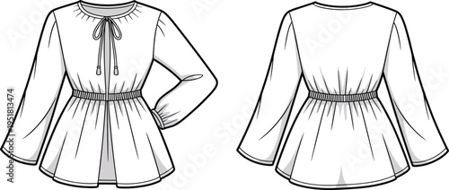 Technical flat fashion of a white long sleeve peasant blouse with a tie neckline and elasticated waist, front and back views