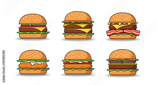 Flat lay of six detailed hamburgers with various toppings arranged in two rows against a clean white background.