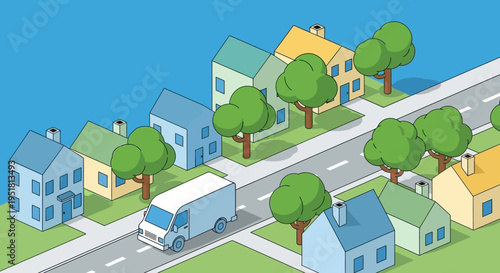 Isometric illustration depicts a colorful townscape with houses trees and a van showcasing a distinct silhouette high quality professional detailed modern