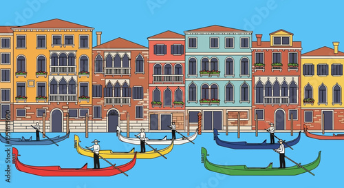A vibrant venetian canal scene with gondolas and colorful buildings depicted in a striking flat silhouette high quality professional detailed modern