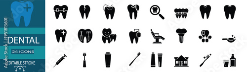 Dental care and dentistry treatment silhouette icon set featuring tooth health and stomatology symbols for oral hygiene vector illustration