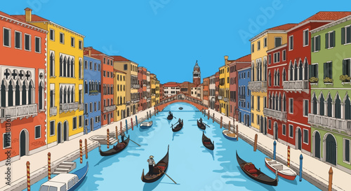 A vibrant venetian canal scene with gondolas and colorful buildings is depicted in a striking silhouette high quality professional detailed modern