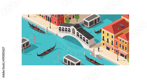 Isometric venice scene with canals gondolas and colorful buildings showcasing a distinctive silhouette high quality professional detailed modern elegant stylish clean