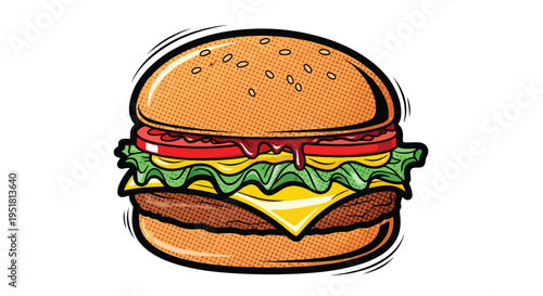 Illustration of a cheeseburger with lettuce, tomato, and cheese on a sesame seed bun against a white background.