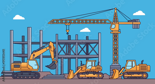 A vibrant illustration depicts a construction site with heavy machinery and a crane presented as a striking silhouette high quality professional