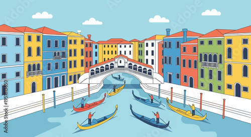 A colorful illustration depicts venetian canals with gondolas and buildings showcasing a striking silhouette style high quality professional detailed modern elegant