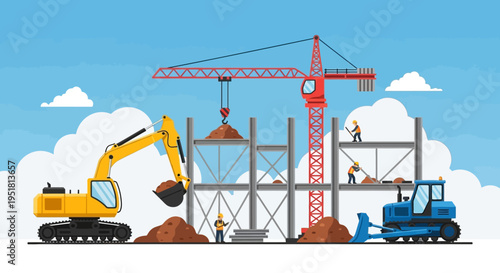 Construction site illustration depicting heavy machinery workers and building framework presented as a stark silhouette high quality professional detailed modern elegant