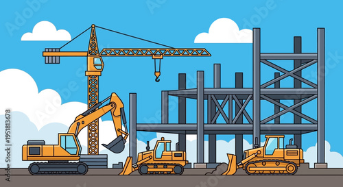 A vibrant illustration depicts construction equipment and a building framework against a bright blue sky silhouette high quality professional detailed modern