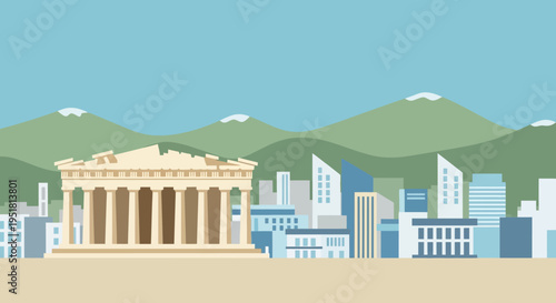 A serene landscape depicts ancient ruins alongside a modern cityscape presented in a striking silhouette high quality professional detailed elegant stylish