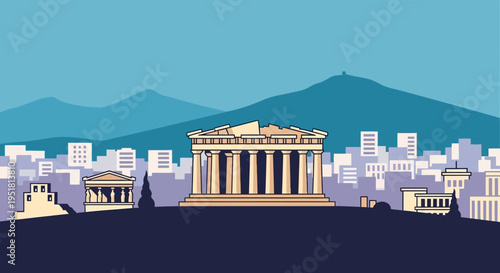 A stylized illustration depicts ancient greek architecture against a mountainous backdrop creating a dramatic silhouette high quality professional detailed modern elegant
