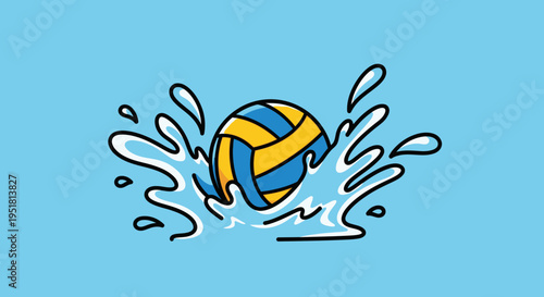 A vibrant illustration depicts a volleyball bursting through water with dynamic splashes presented as a striking silhouette high quality professional detailed