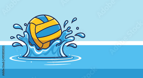 A vibrant illustration depicts a water polo ball bursting through the surface of a pool creating splashes silhouette high quality