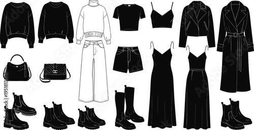 Women fashion apparel vector set, black clothing silhouettes, autumn winter capsule wardrobe icons, jacket dress boots and accessories flat illustration collection
