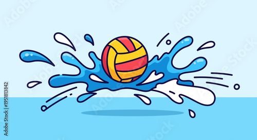 A vibrant water polo ball bursts through a splash of water creating a dynamic and colorful illustration silhouette high quality professional
