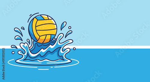 A vibrant illustration depicts a water polo ball emerging from splashing water set against a bright blue backdrop silhouette high quality