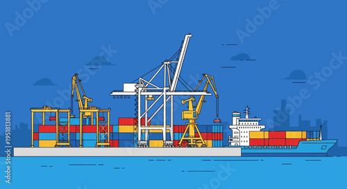 A colorful illustration depicts a busy port with container ships cranes and a city skyline a striking silhouette high quality professional