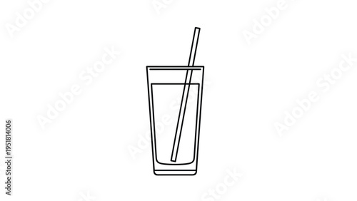 Minimalist black and white line art illustration of a tall glass with a straw, ideal for representing refreshing drinks and simple design concepts.