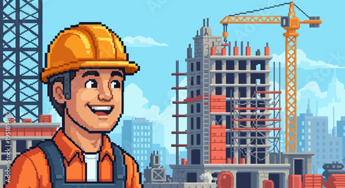 A smiling construction worker stands before a cityscape with a building under construction a distinct silhouette high quality professional detailed modern