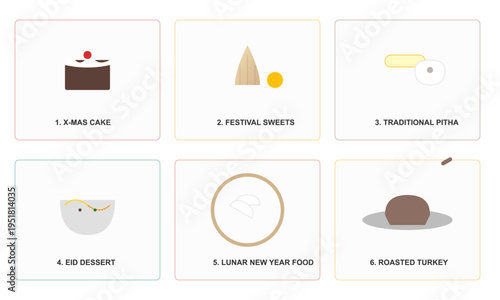 Delicious Diverse Holiday Festival Food Icons, Traditional Desserts, And Festive Sweet Illustrations.