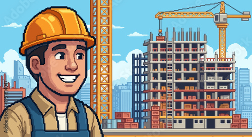 A construction worker smiles beside a pixelated cityscape and building under construction creating a stark silhouette high quality professional detailed modern