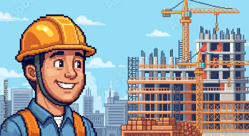 A pixel art construction worker smiles near a building site with a towering crane creating a striking silhouette high quality professional