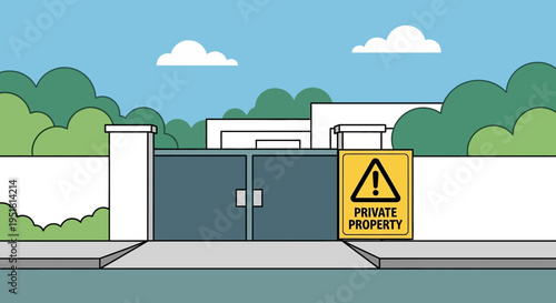 A brightly colored illustration depicts a gated property with a warning sign showcasing a flat vector silhouette high quality professional detailed