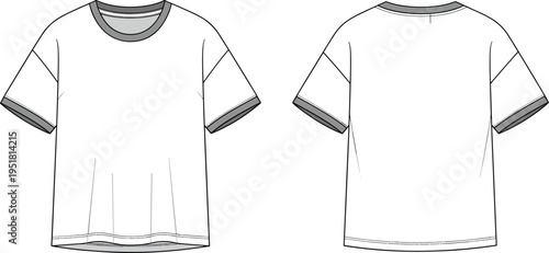 Oversized T-shirt Vector Mockup with Ribbed Crew Neck and Dropped Shoulders Front and Back View Flat Fashion Sketch for Apparel Design
